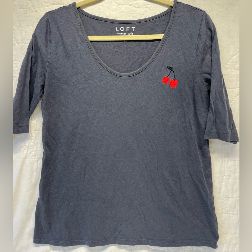Loft Cherry Embroidered Elbow Sleeve Vintage Soft Tee, Size Medium